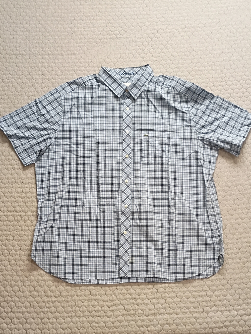 LACOSTE Shirt 2XL 46 Slim Fit Button Down Blue Plaid Short Sleeve